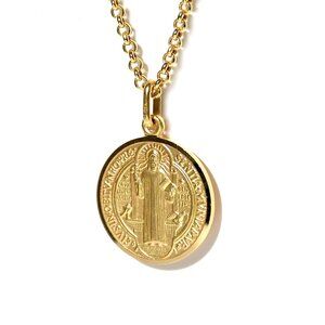 SOLID 14K YELLOW GOLD ST SAINT BENEDICT 17 MM MEDAL WITH CROSS, MADE IN ITALY
